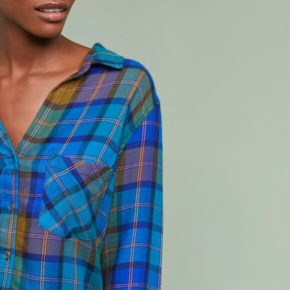 cloth & stone Shoshone Plaid Buttondown in Turquoise - sz Small - Picture 3 of 10